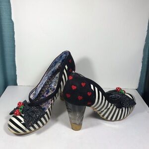 Irregular Choice Black and White Striped Heels with Red Heart Strawberry Accent